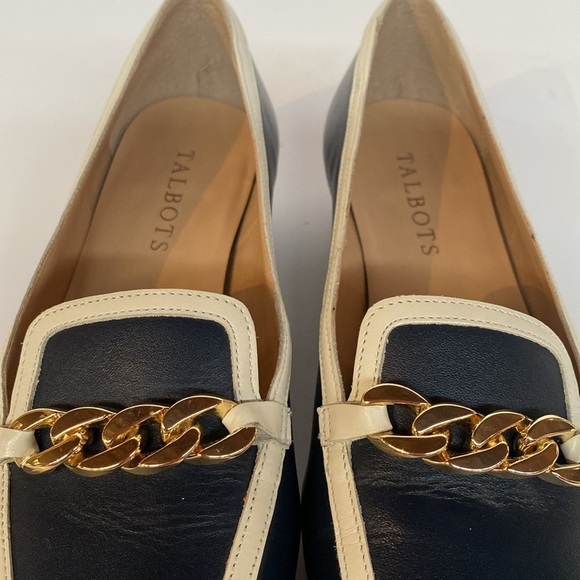 Talbots Estelle Chain Square Toe Leather Loafers Navy White Sz 6.5 - Picture 6 of 9